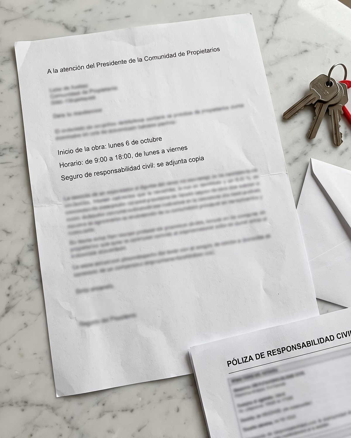 La carta al presidente de la comunidad con las fechas, el horario y la póliza de responsabilidad civil
