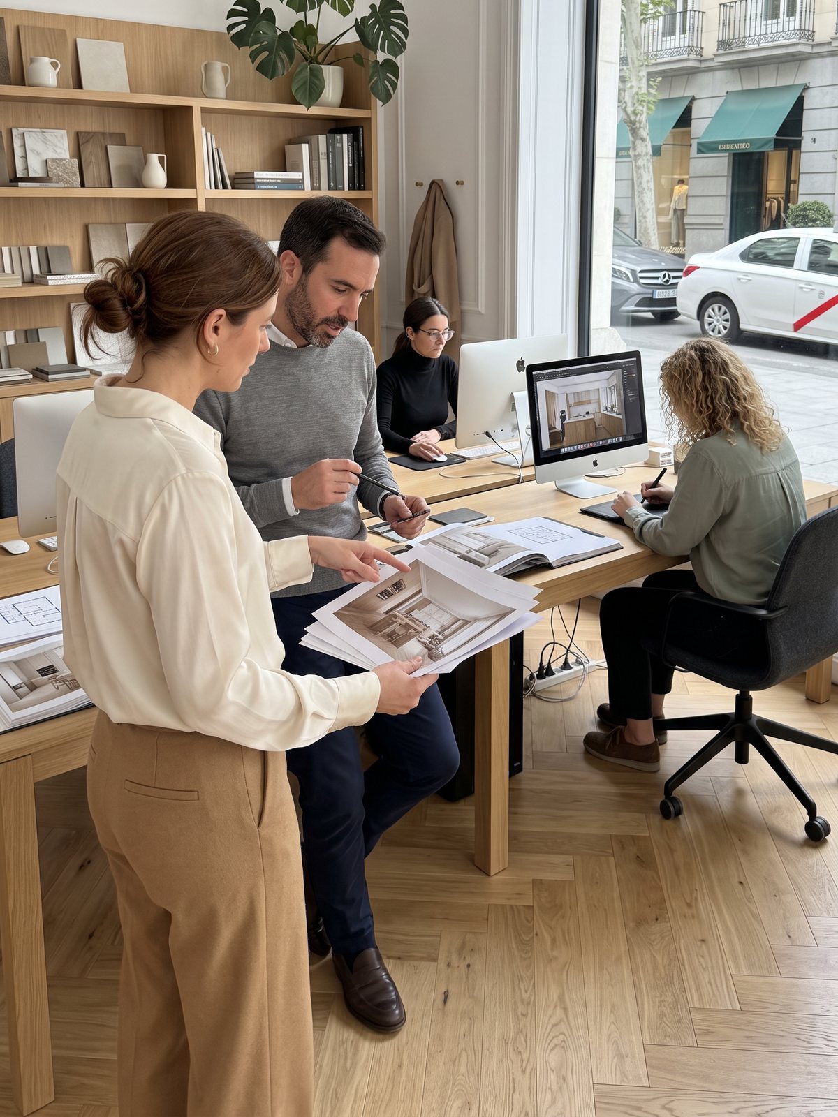 La interiorista enseña las imágenes del 3D a un cliente en el estudio de Castellana