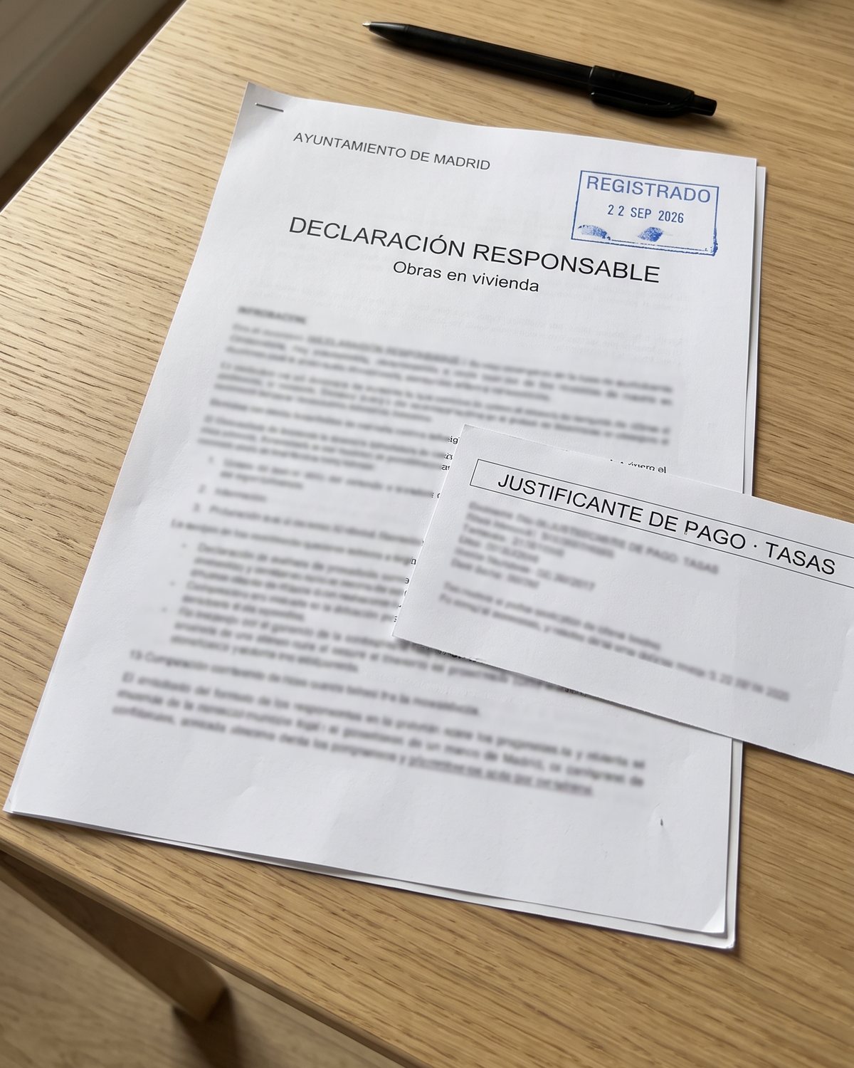 La declaración responsable registrada en el Ayuntamiento de Madrid y el justificante de pago de las tasas