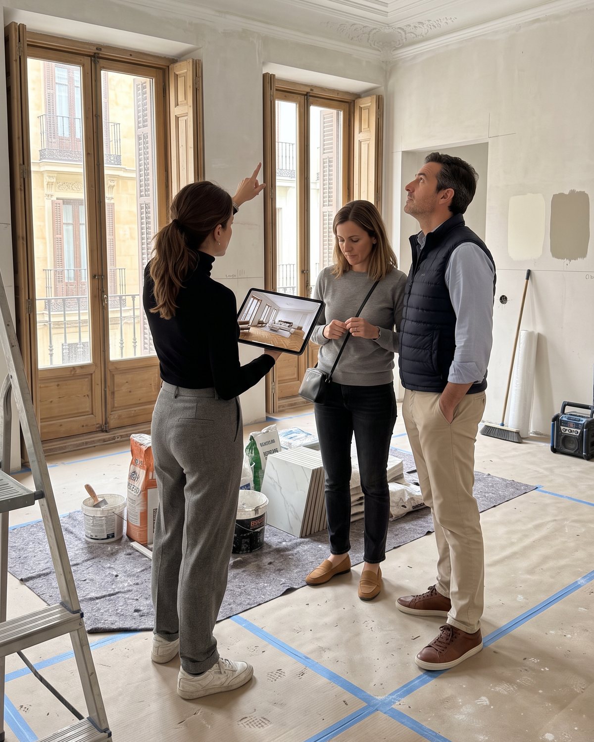 La arquitecta enseña en la tablet cómo quedará el salón a una pareja, en plena obra